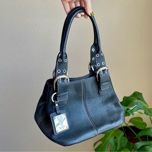 Tignanello Black Leather Tote Bag Purse With Silver